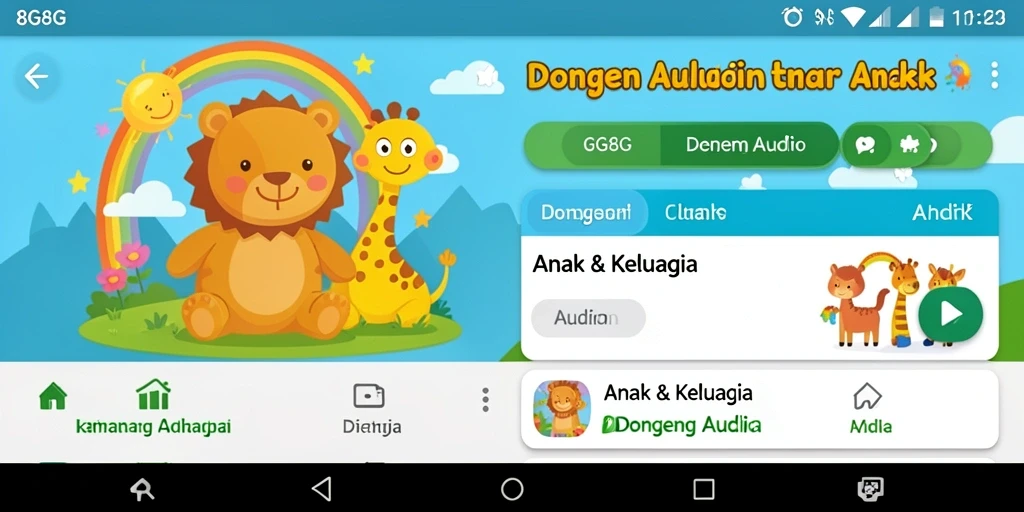 Antarmuka aplikasi 8G8G yang ramah anak dengan banyak pilihan dongeng.