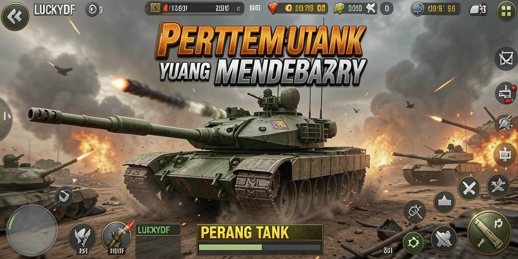 Tampilan antarmuka LUCKYDF dengan pertempuran tank yang seru.
